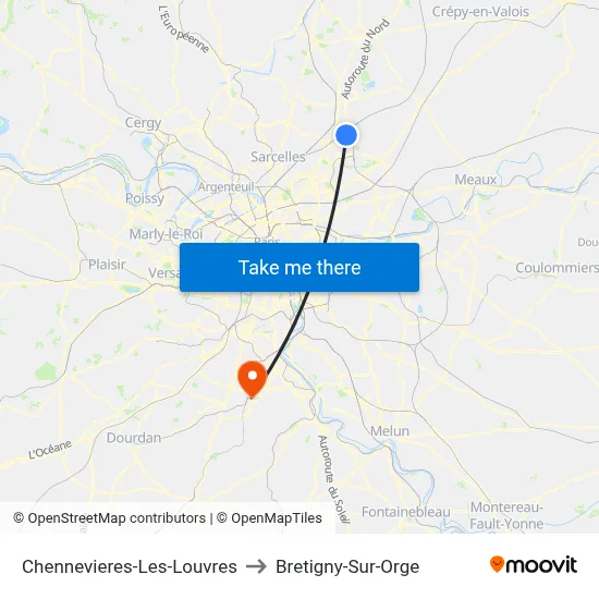 Chennevieres-Les-Louvres to Bretigny-Sur-Orge map