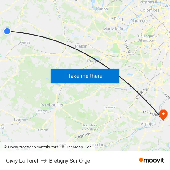 Civry-La-Foret to Bretigny-Sur-Orge map