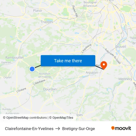 Clairefontaine-En-Yvelines to Bretigny-Sur-Orge map