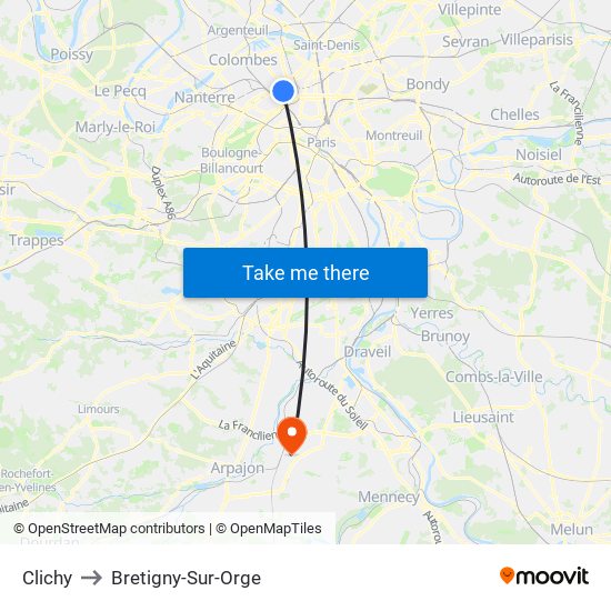 Clichy to Bretigny-Sur-Orge map