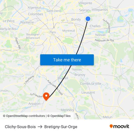 Clichy-Sous-Bois to Bretigny-Sur-Orge map