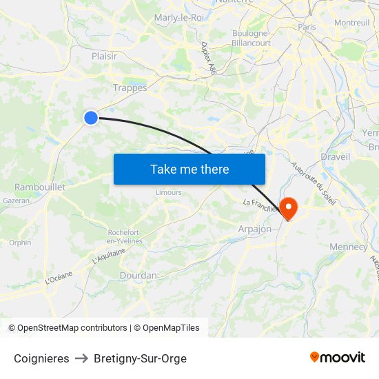 Coignieres to Bretigny-Sur-Orge map