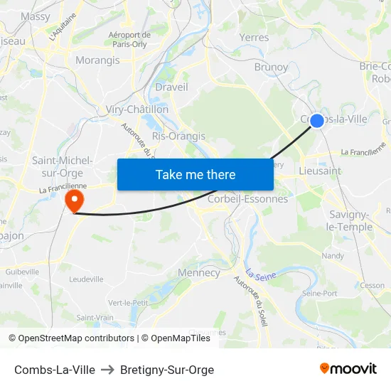 Combs-La-Ville to Bretigny-Sur-Orge map