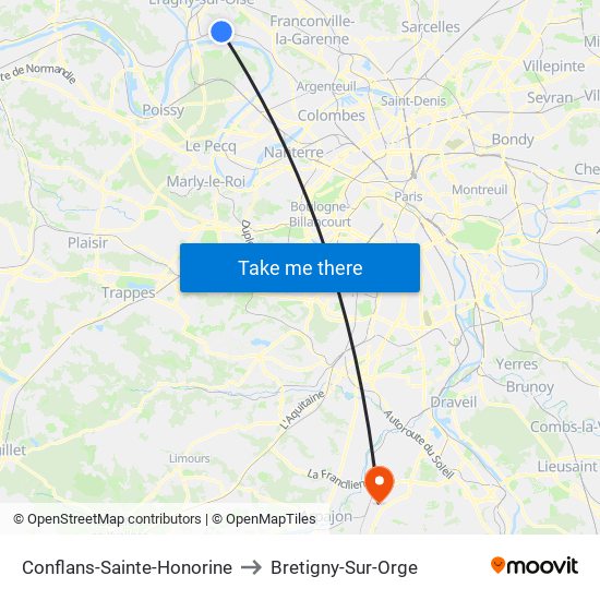 Conflans-Sainte-Honorine to Bretigny-Sur-Orge map