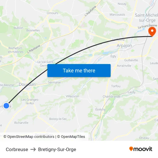 Corbreuse to Bretigny-Sur-Orge map