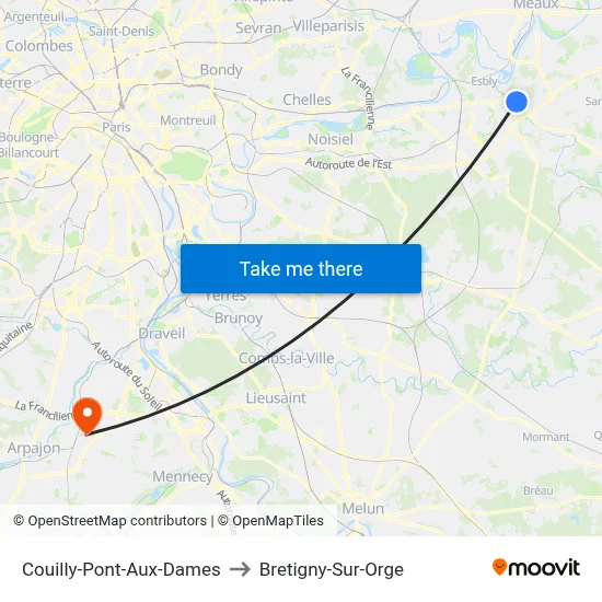 Couilly-Pont-Aux-Dames to Bretigny-Sur-Orge map