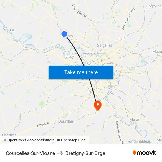 Courcelles-Sur-Viosne to Bretigny-Sur-Orge map