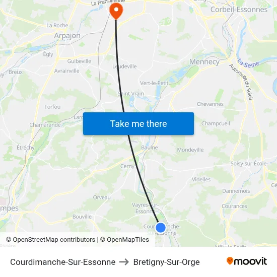 Courdimanche-Sur-Essonne to Bretigny-Sur-Orge map