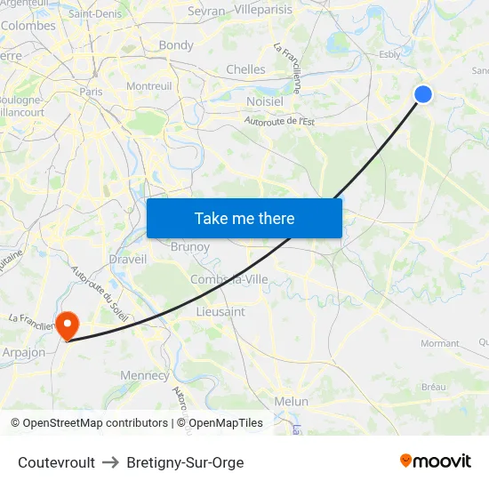Coutevroult to Bretigny-Sur-Orge map