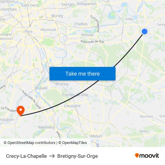 Crecy-La-Chapelle to Bretigny-Sur-Orge map