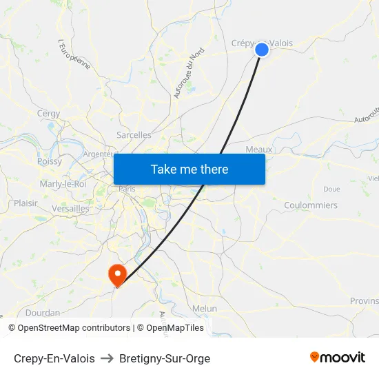 Crepy-En-Valois to Bretigny-Sur-Orge map