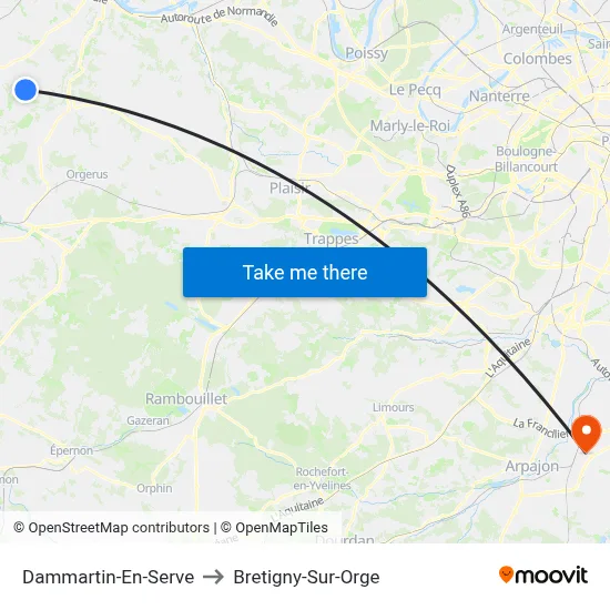 Dammartin-En-Serve to Bretigny-Sur-Orge map