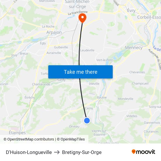 D'Huison-Longueville to Bretigny-Sur-Orge map