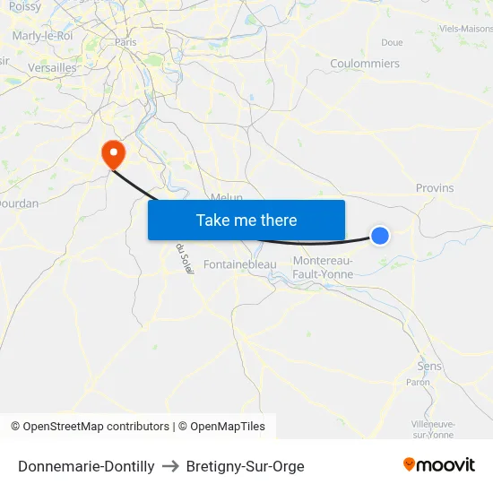 Donnemarie-Dontilly to Bretigny-Sur-Orge map