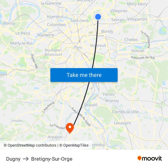 Dugny to Bretigny-Sur-Orge map