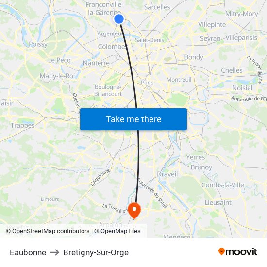 Eaubonne to Bretigny-Sur-Orge map