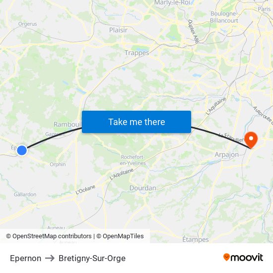 Epernon to Bretigny-Sur-Orge map