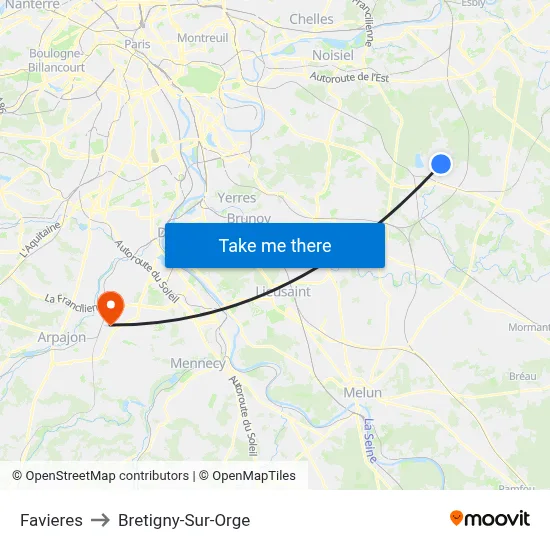 Favieres to Bretigny-Sur-Orge map
