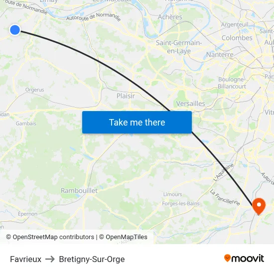 Favrieux to Bretigny-Sur-Orge map
