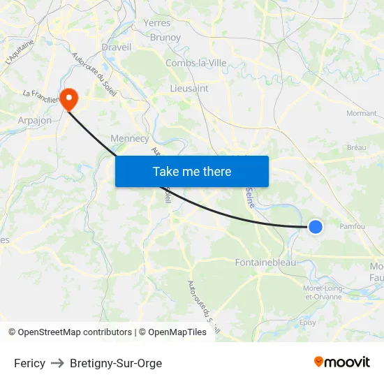 Fericy to Bretigny-Sur-Orge map