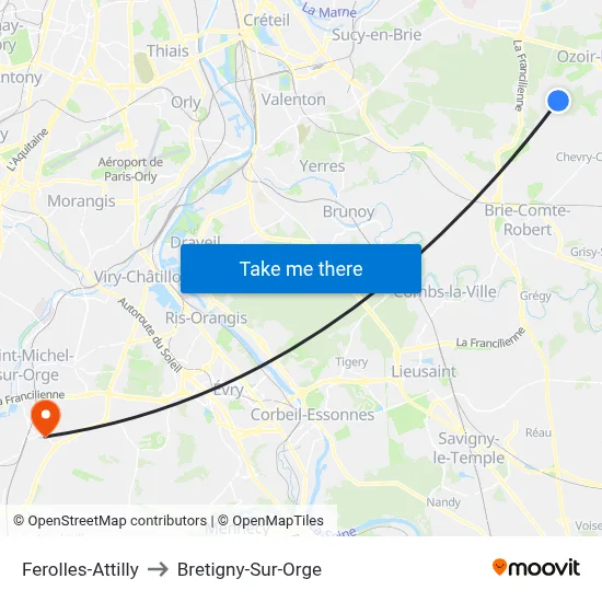 Ferolles-Attilly to Bretigny-Sur-Orge map