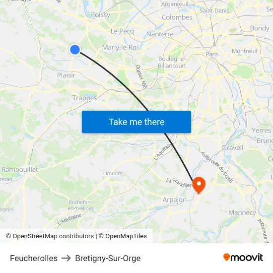 Feucherolles to Bretigny-Sur-Orge map