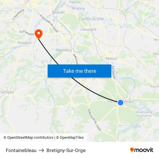 Fontainebleau to Bretigny-Sur-Orge map