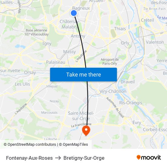 Fontenay-Aux-Roses to Bretigny-Sur-Orge map