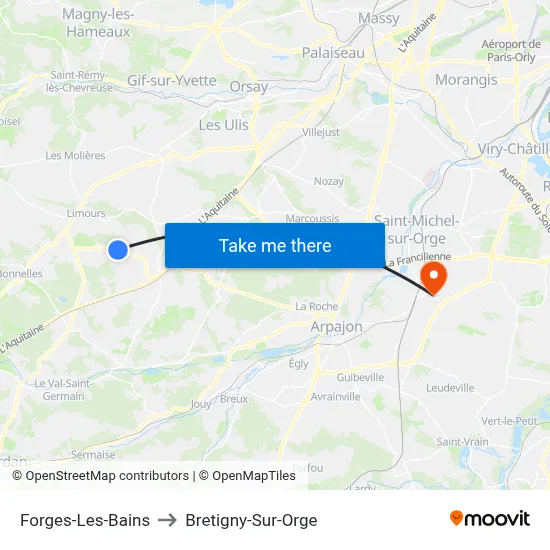 Forges-Les-Bains to Bretigny-Sur-Orge map