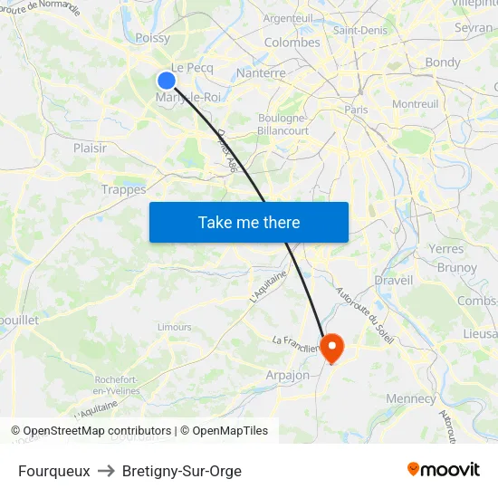 Fourqueux to Bretigny-Sur-Orge map