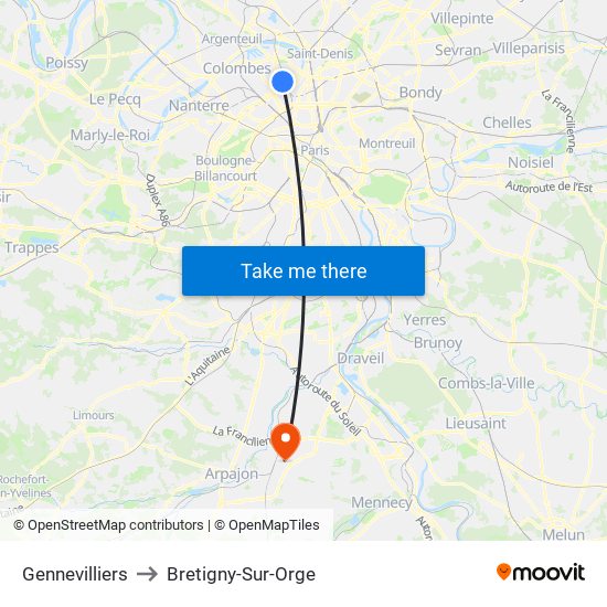 Gennevilliers to Bretigny-Sur-Orge map