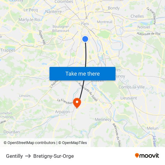 Gentilly to Bretigny-Sur-Orge map