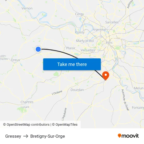Gressey to Bretigny-Sur-Orge map