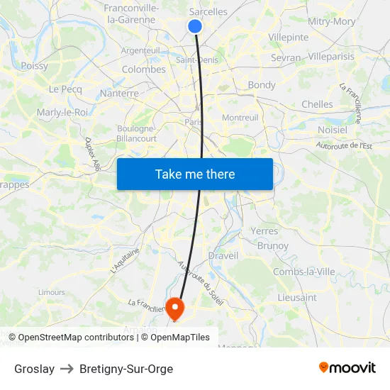 Groslay to Bretigny-Sur-Orge map
