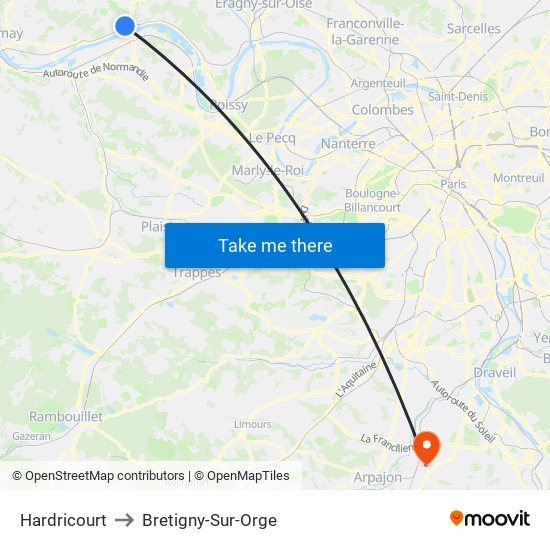 Hardricourt to Bretigny-Sur-Orge map