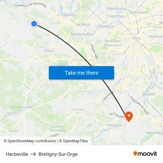 Herbeville to Bretigny-Sur-Orge map