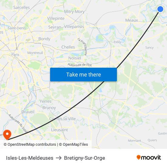 Isles-Les-Meldeuses to Bretigny-Sur-Orge map