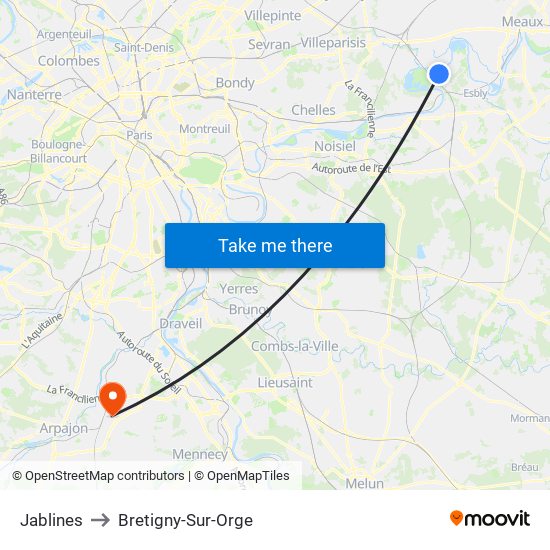Jablines to Bretigny-Sur-Orge map