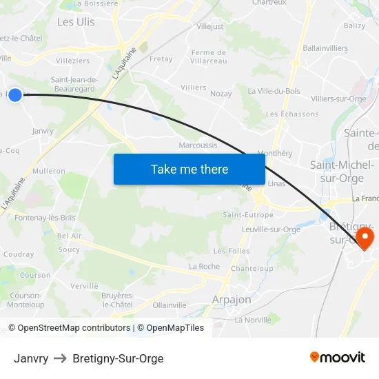 Janvry to Bretigny-Sur-Orge map