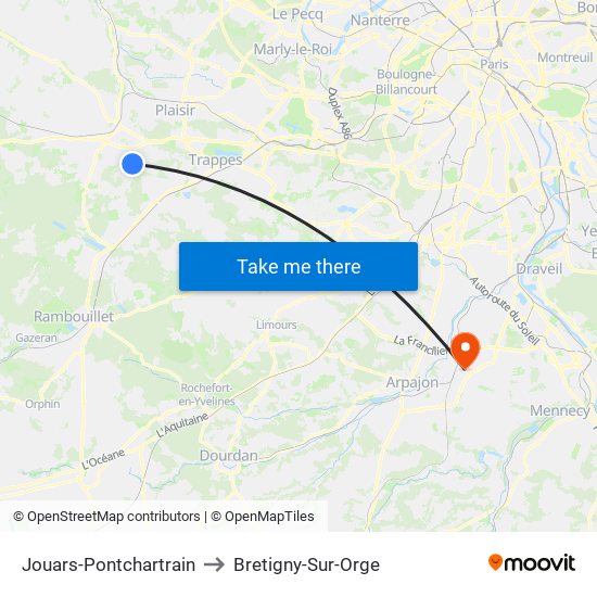 Jouars-Pontchartrain to Bretigny-Sur-Orge map
