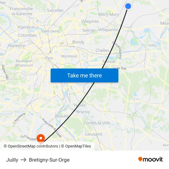Juilly to Bretigny-Sur-Orge map