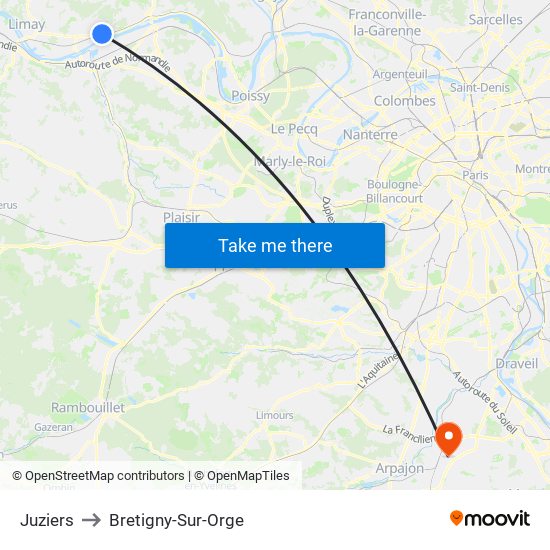 Juziers to Bretigny-Sur-Orge map