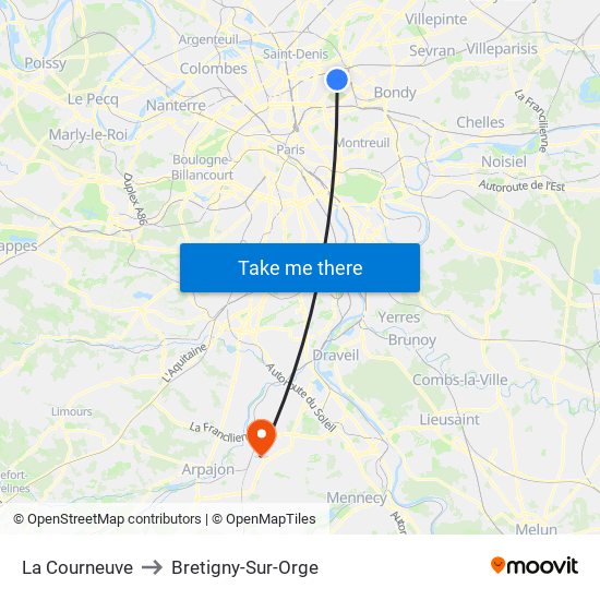 La Courneuve to Bretigny-Sur-Orge map