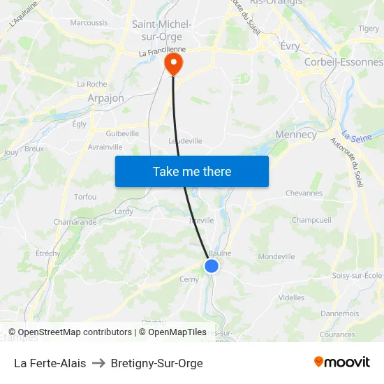 La Ferte-Alais to Bretigny-Sur-Orge map