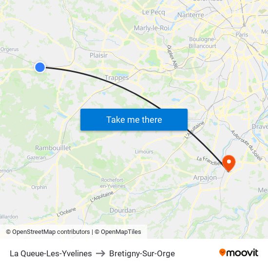 La Queue-Les-Yvelines to Bretigny-Sur-Orge map