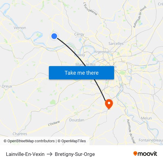 Lainville-En-Vexin to Bretigny-Sur-Orge map