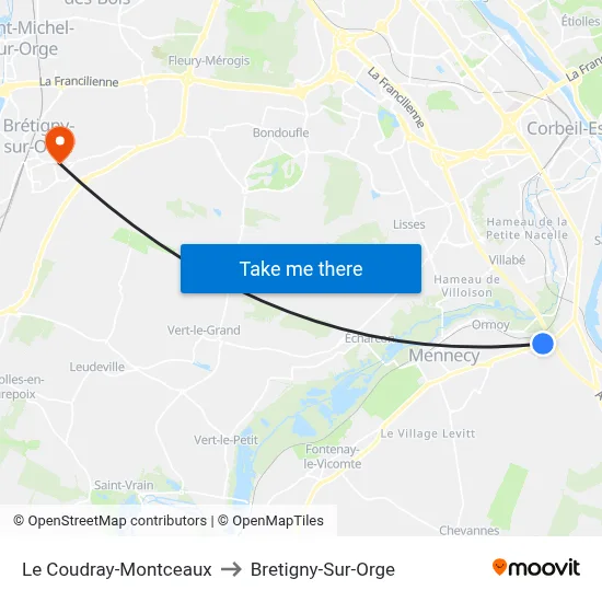 Le Coudray-Montceaux to Bretigny-Sur-Orge map
