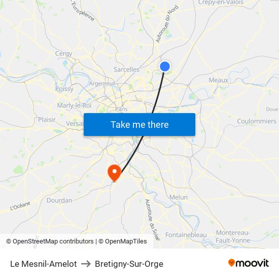 Le Mesnil-Amelot to Bretigny-Sur-Orge map