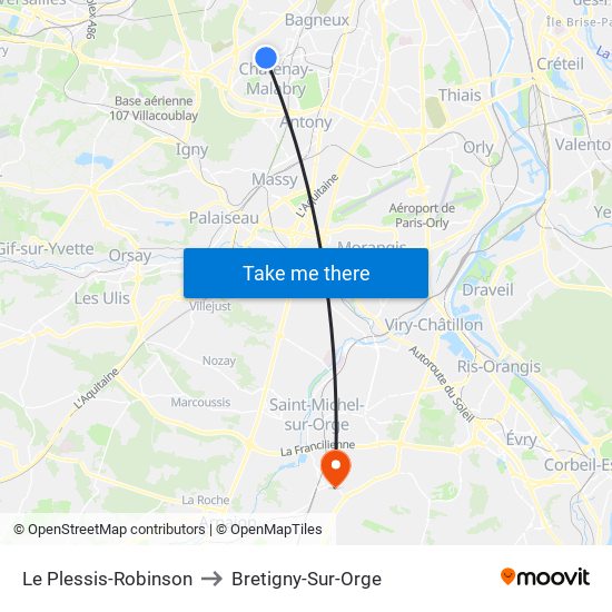 Le Plessis-Robinson to Bretigny-Sur-Orge map