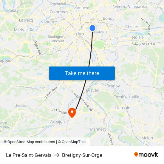 Le Pre-Saint-Gervais to Bretigny-Sur-Orge map